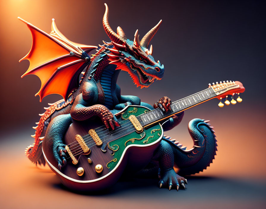 Blue Dragon Playing Electric Guitar on Gradient Background