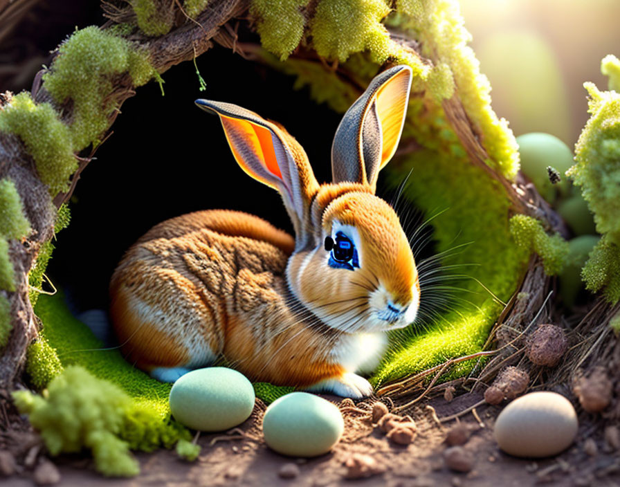 Cozy Rabbit Burrow with Moss, Speckled Eggs, and Sunlight Glow