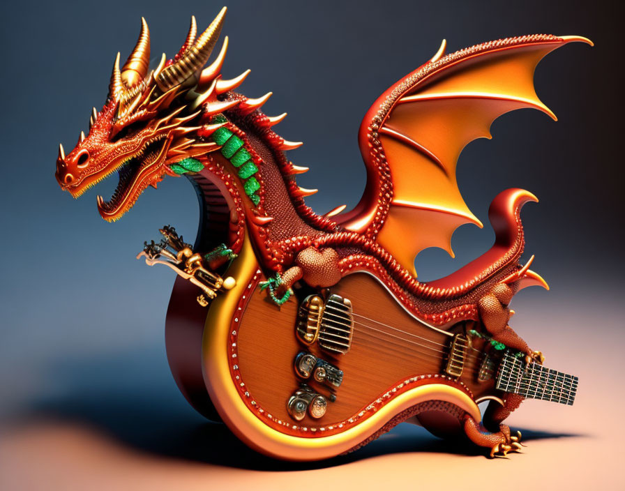 Red Dragon and Green Spine Details Intertwined with Brown Guitar