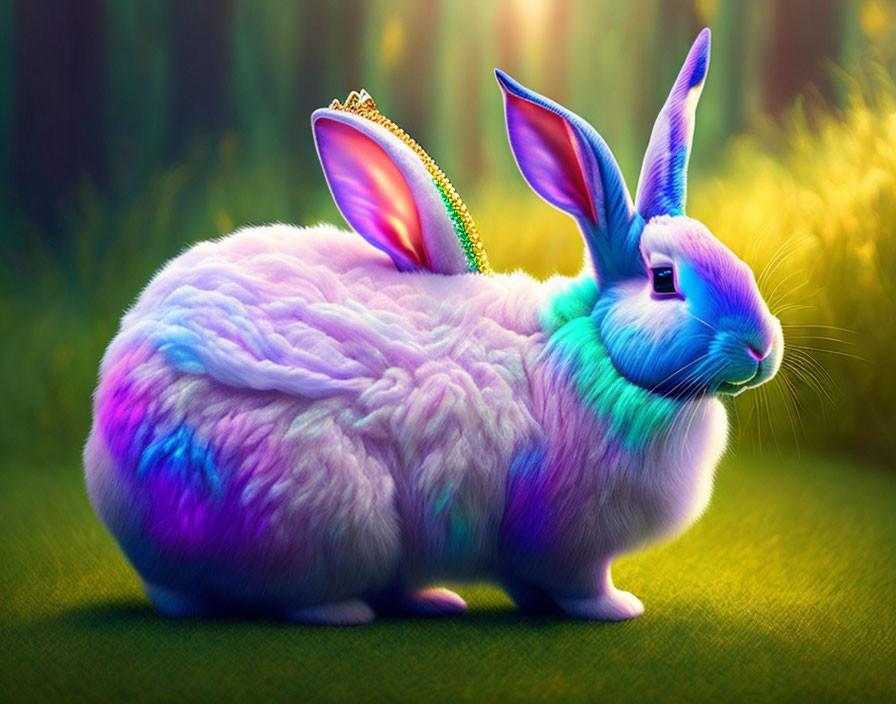 Colorful Bunny with Blue, Purple, and Pink Hues in Sunlit Forest Clearing