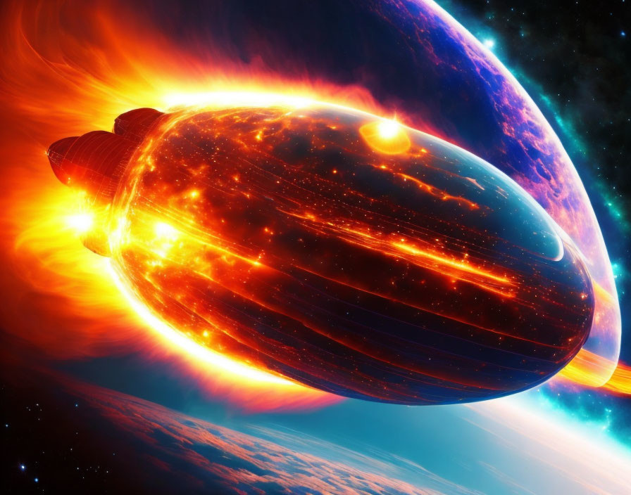 Large Glowing Spaceship Entering Earth-like Planet Atmosphere