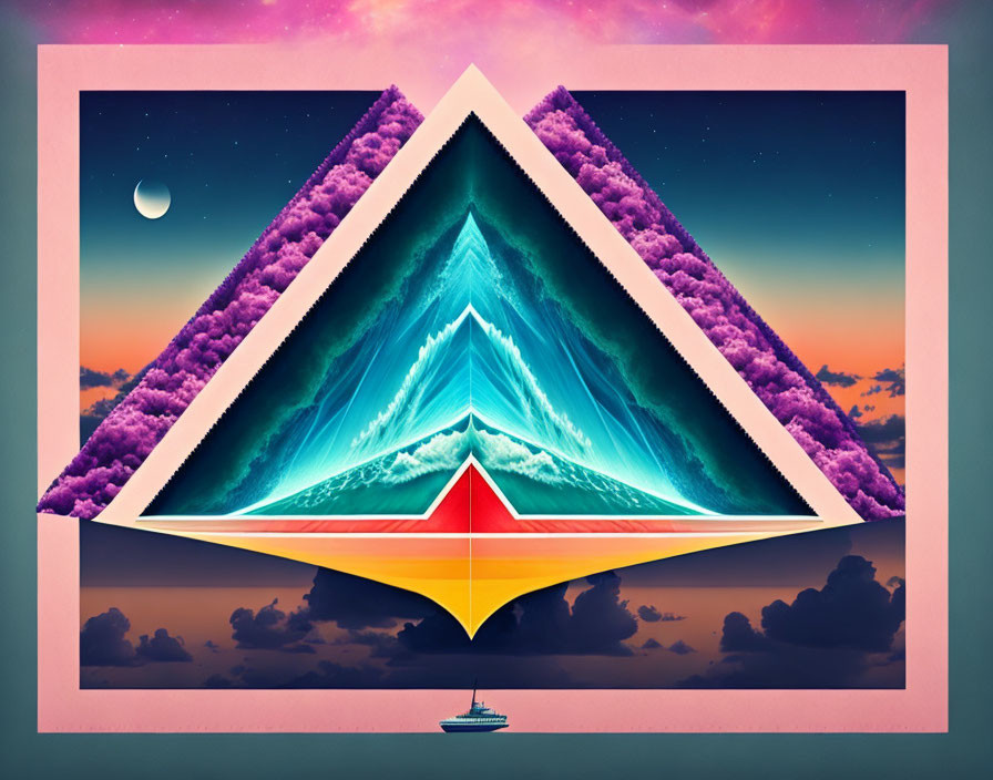 Geometric landscape artwork with mountains, ocean, boat in triangular frames against twilight sky