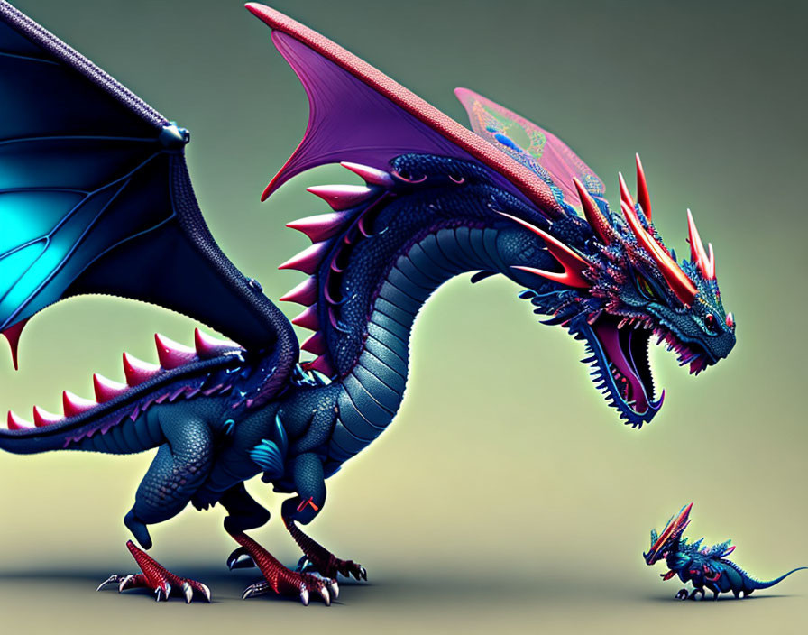 Colorful Large Dragon Confronts Tiny Dragon with Elaborate Scales