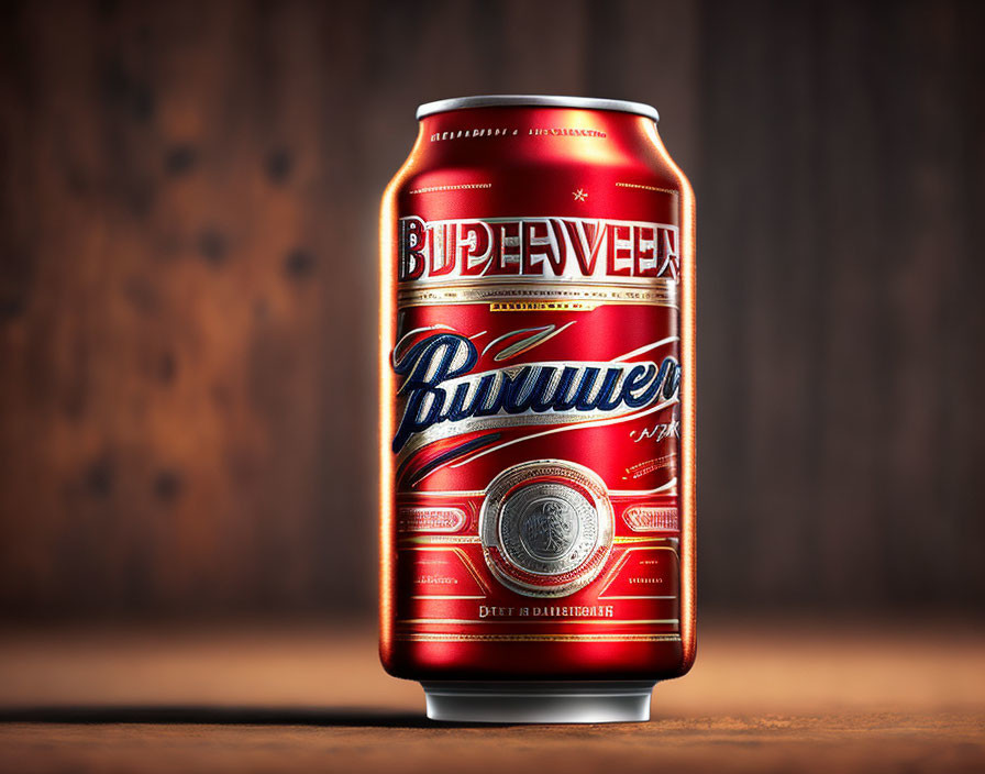 Budweiser Beer Can with Camera Lens Design on Wooden Surface