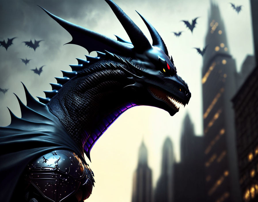 Black Dragon with Glowing Red Eyes in Gloomy Cityscape