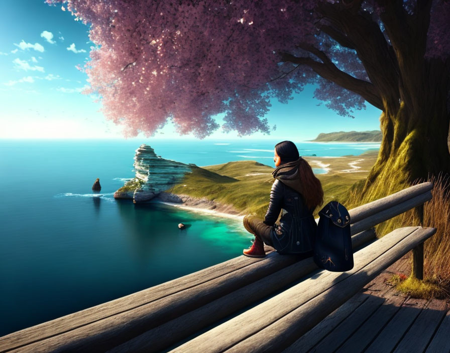 Person sitting under cherry blossom tree by serene coastal scene