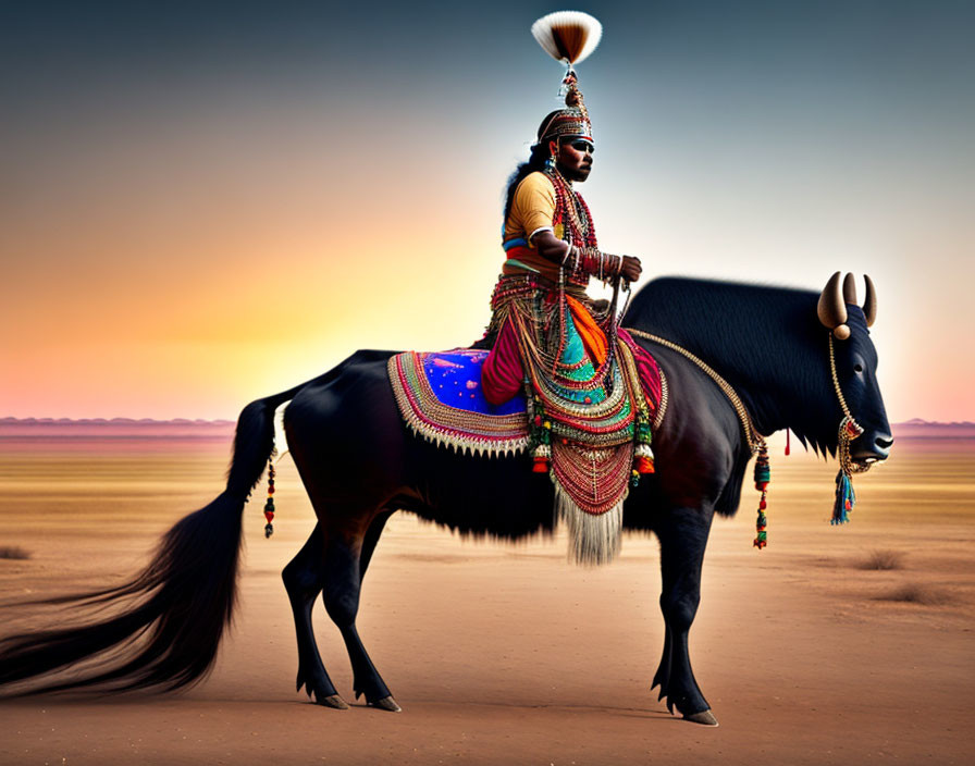 Regally dressed person riding large black bull in desert sunset