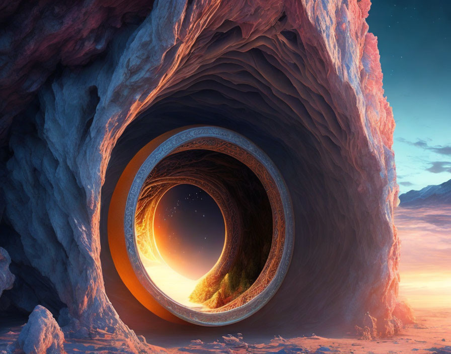 Surreal landscape featuring circular portal, starry sky, green valley, rocky cliffs, twilight sky