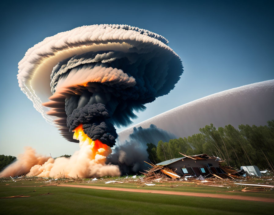 Explosion aftermath: mushroom cloud near damaged building.