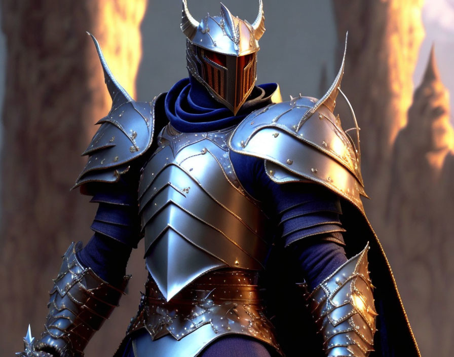 Knight in shiny spiked armor with helmet and blue cape against rocky background