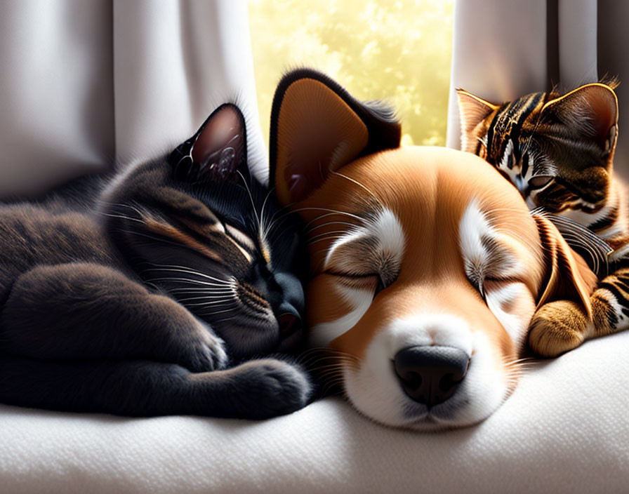 Cat, dog, and kitten napping on couch under sunlight