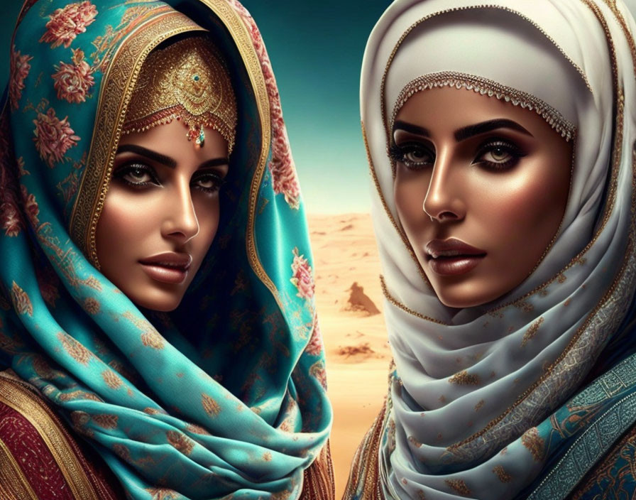 Women wearing adorned hijabs and intricate makeup in desert setting