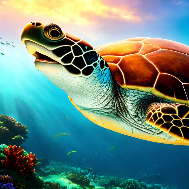 Colorful Sea Turtle Swimming Near Coral Reef with Sunlight Filtering Through Water