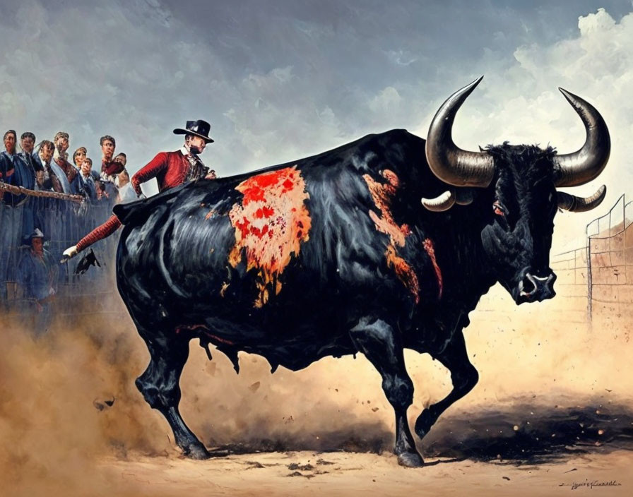 Traditional matador performing bullfight with charging bull and red splatter.