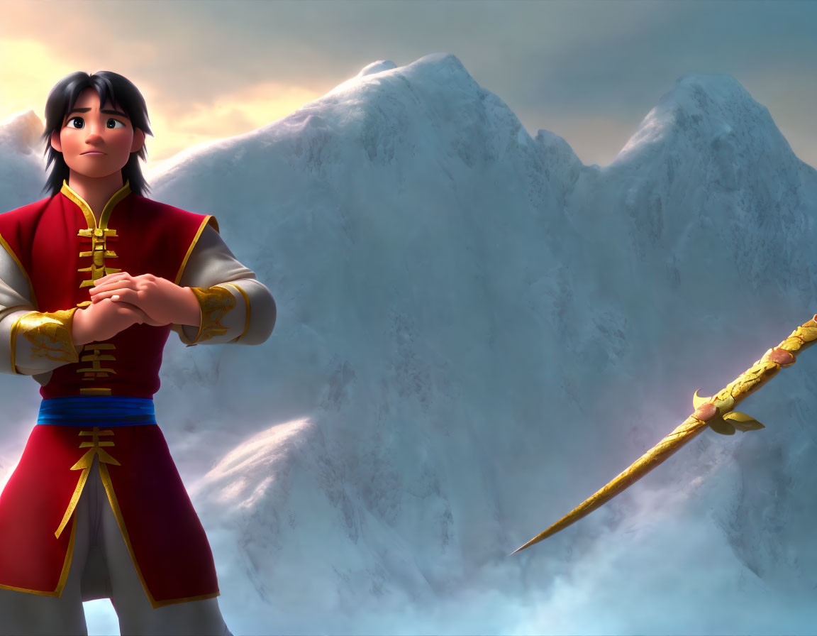 Animated character in red attire gazes at sword in snowy mountains