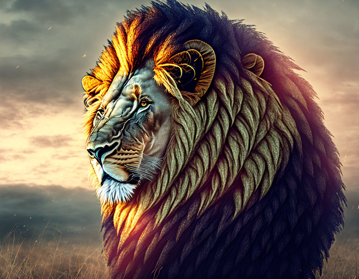 Digital artwork featuring lion with twisted rope-like mane under golden light against moody sky