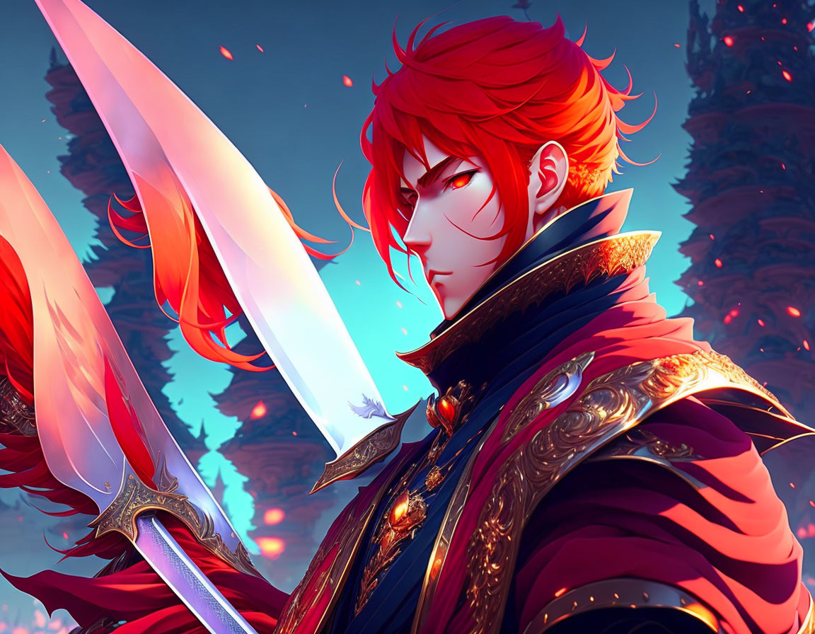 Red-Haired Warrior in Ornate Armor with Glowing Sword Amid Fiery Foliage