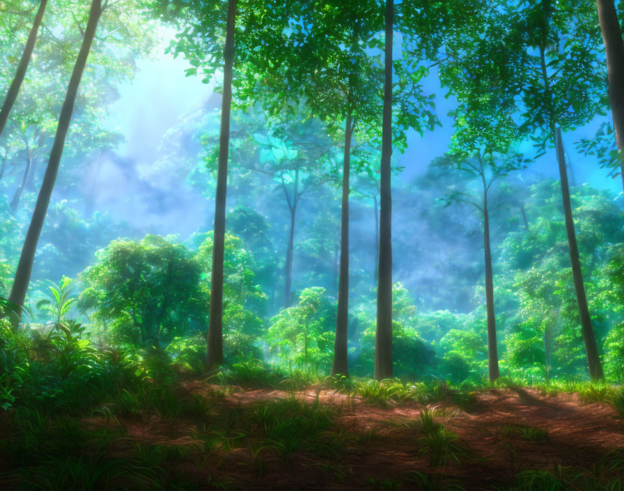 Vibrant misty forest with tall trees and lush green undergrowth