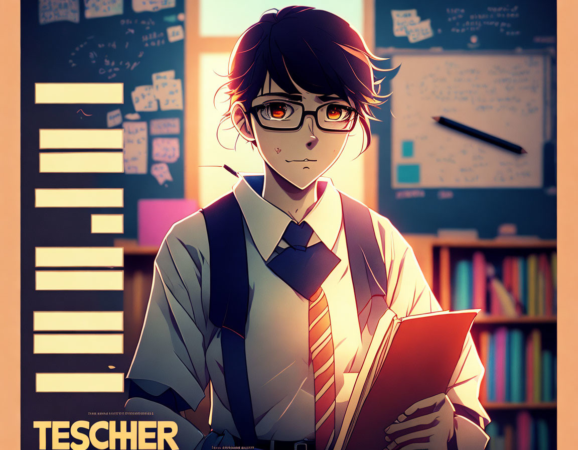 Anime-style image of bespectacled person in school uniform with red book in room with sticky notes