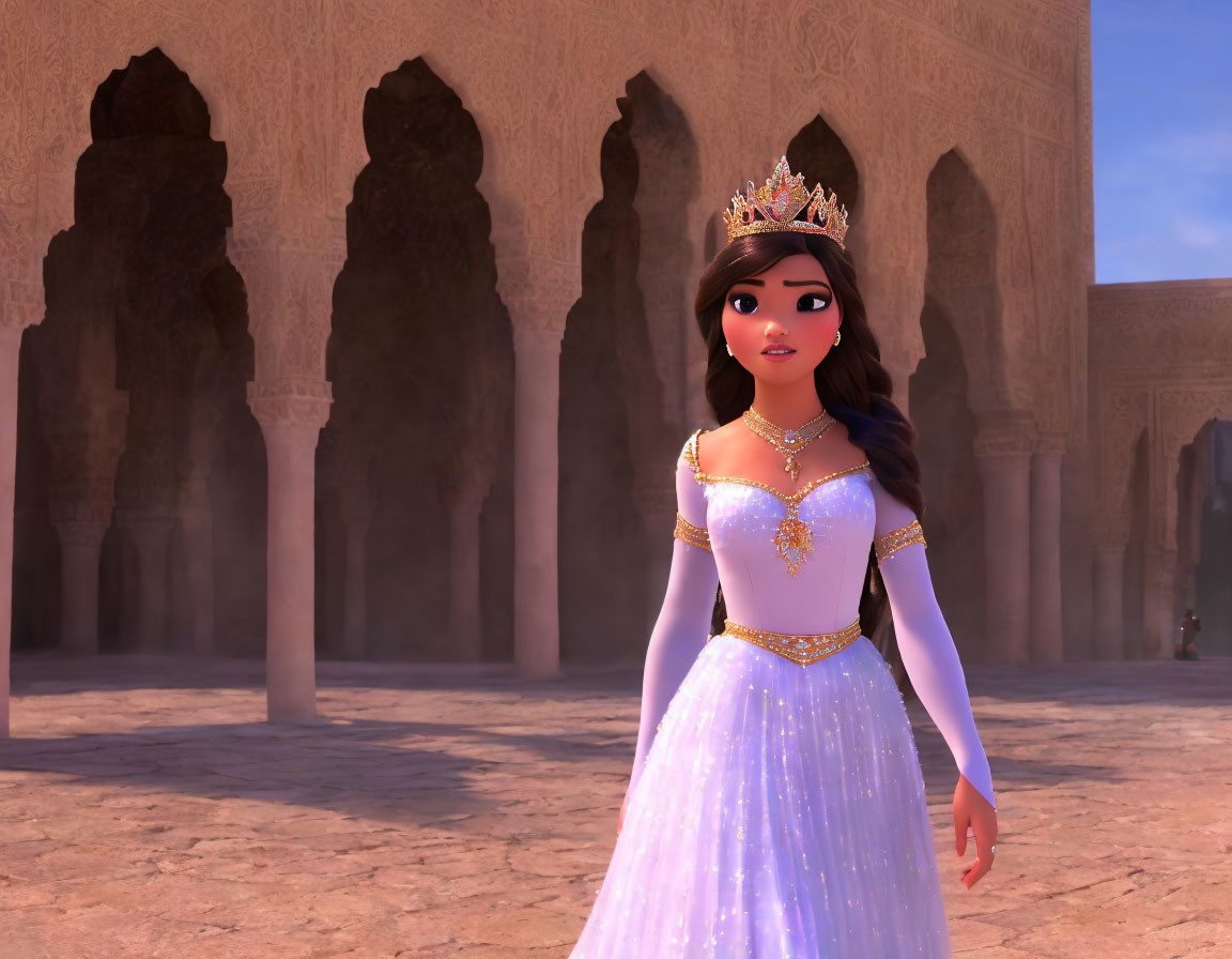 Animated princess in purple gown at palace courtyard with arches