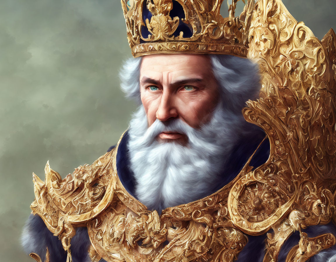 Regal bearded man with golden crown and royal attire