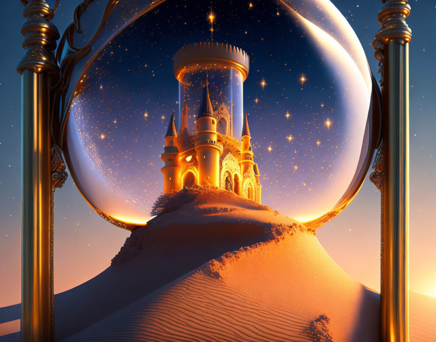 Enchanting snow globe with glowing castle on snowy hill