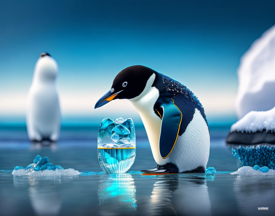 Curious penguin with ice gem on icy surface and icebergs in background