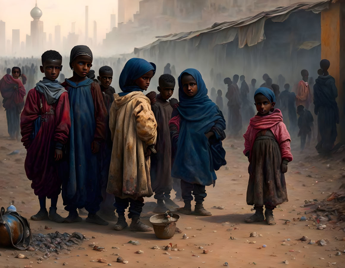 Children in Colorful Garments at Dusty Market with Silhouettes