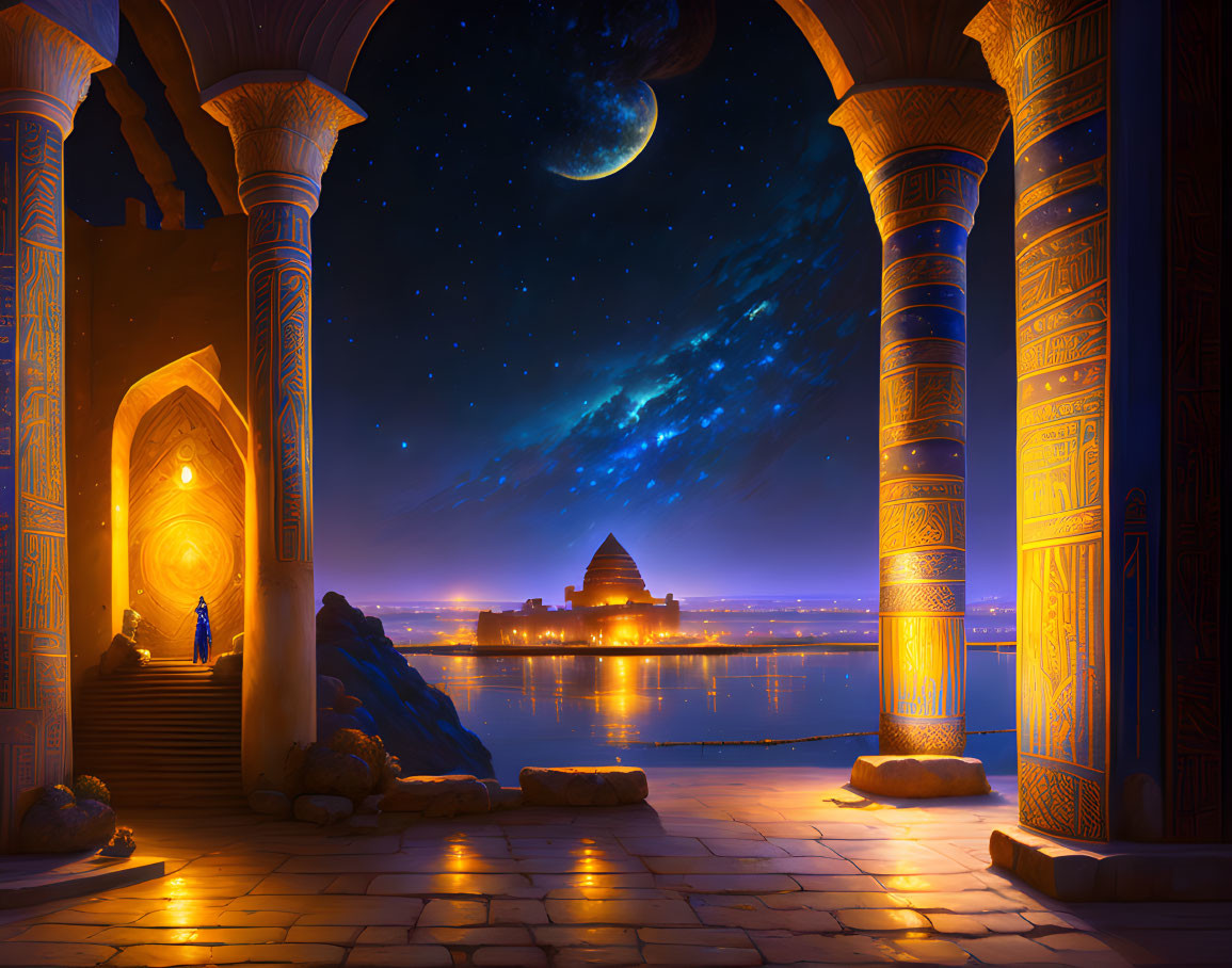 Palace Archway Night Scene with Crescent Moon and Pyramid