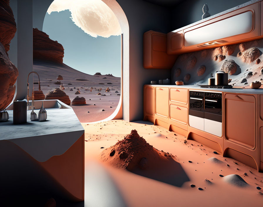 Modern kitchen with orange cabinets and surreal desert landscape with moon