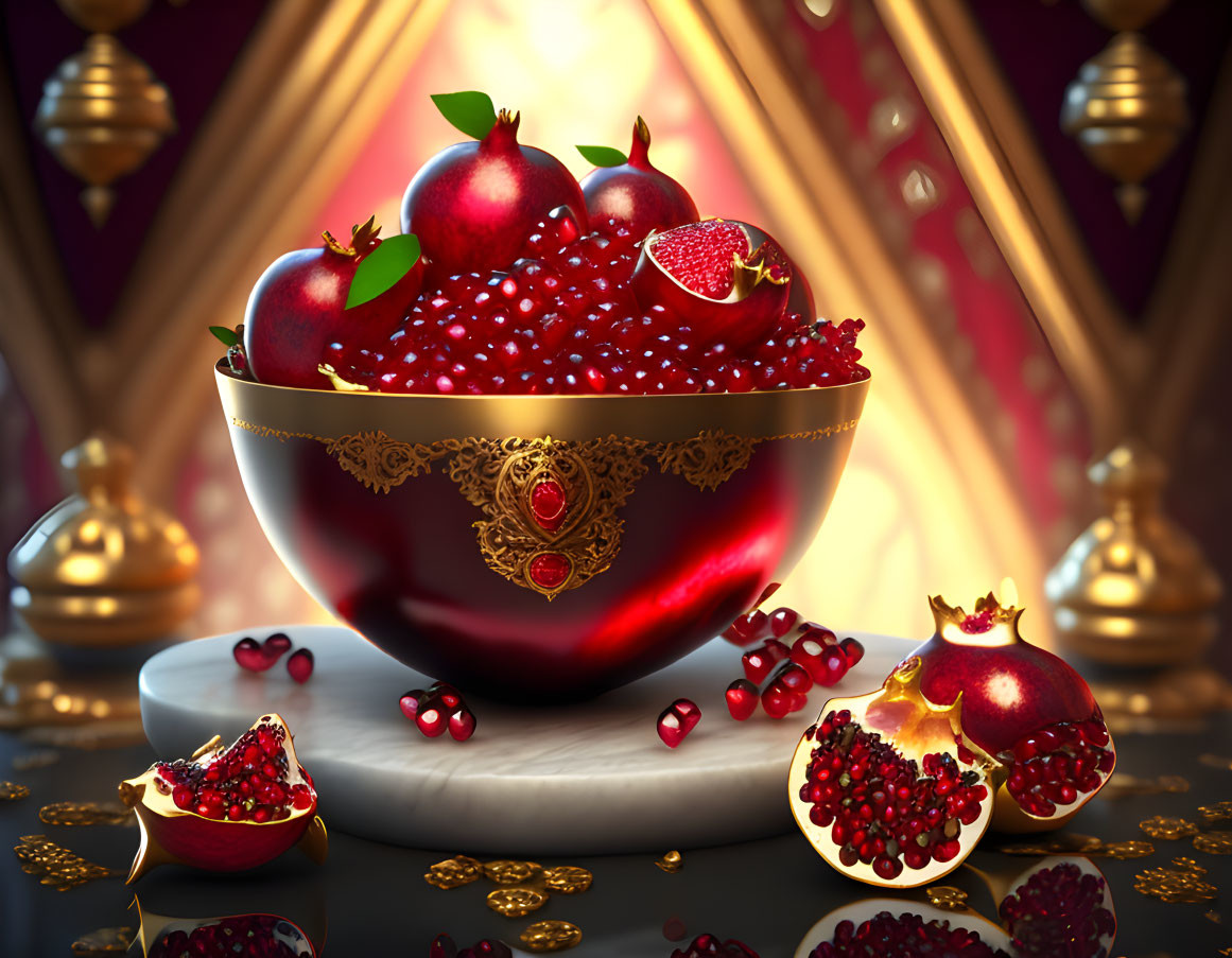 Luxurious bowl with ripe pomegranates and seeds against golden lanterns.