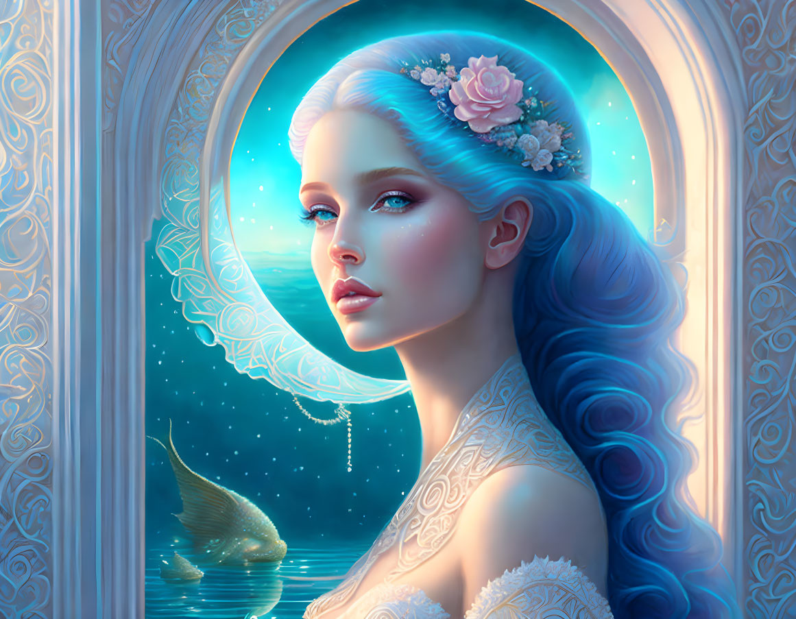 Fantasy illustration: Woman with blue hair in circular window with fish and stars.