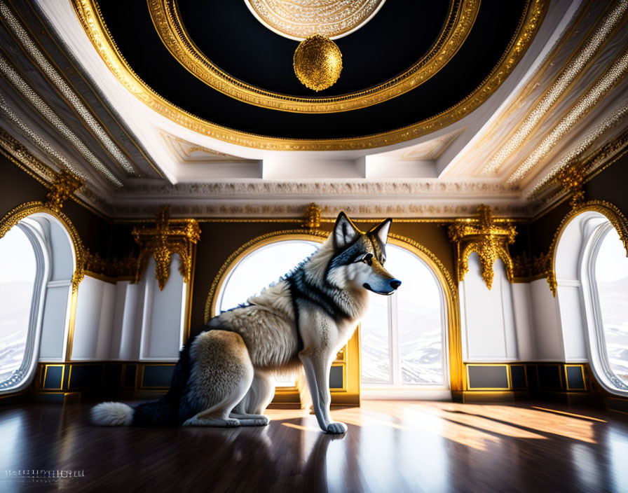 Opulent room with husky and golden-trimmed walls