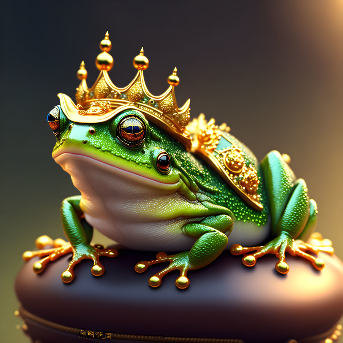 Regal frog with golden crown and jewels resembles storybook king