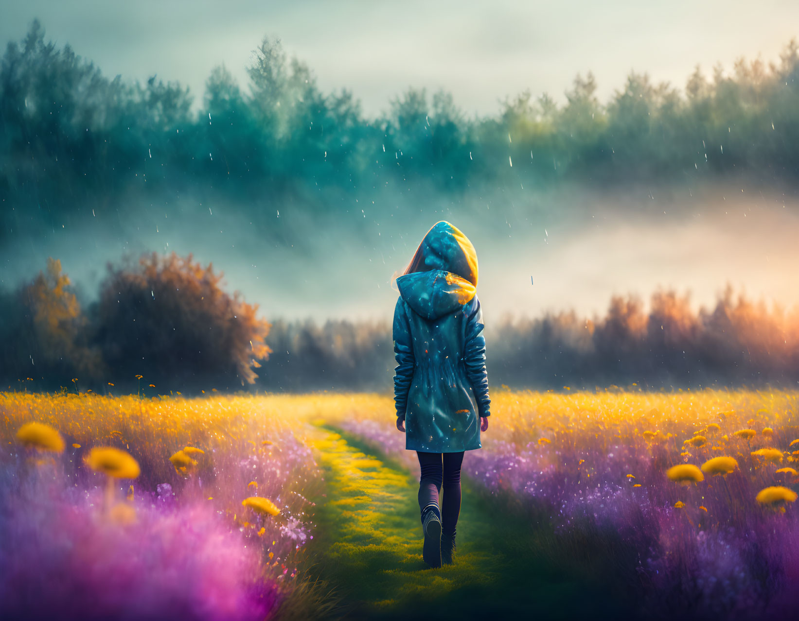 Hooded figure walking in vibrant flower meadow