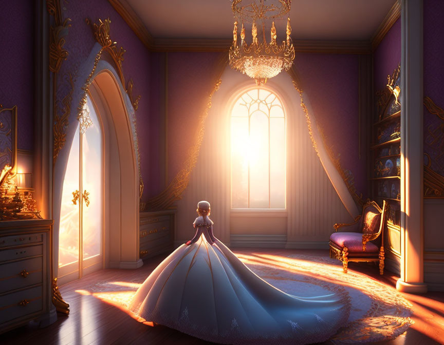 Sunset-lit room with figure in blue gown by window & chandelier