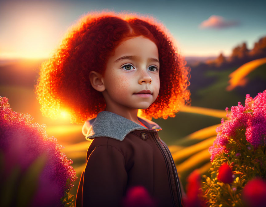 Child with Curly Red Hair in Pink Flower Field at Sunset