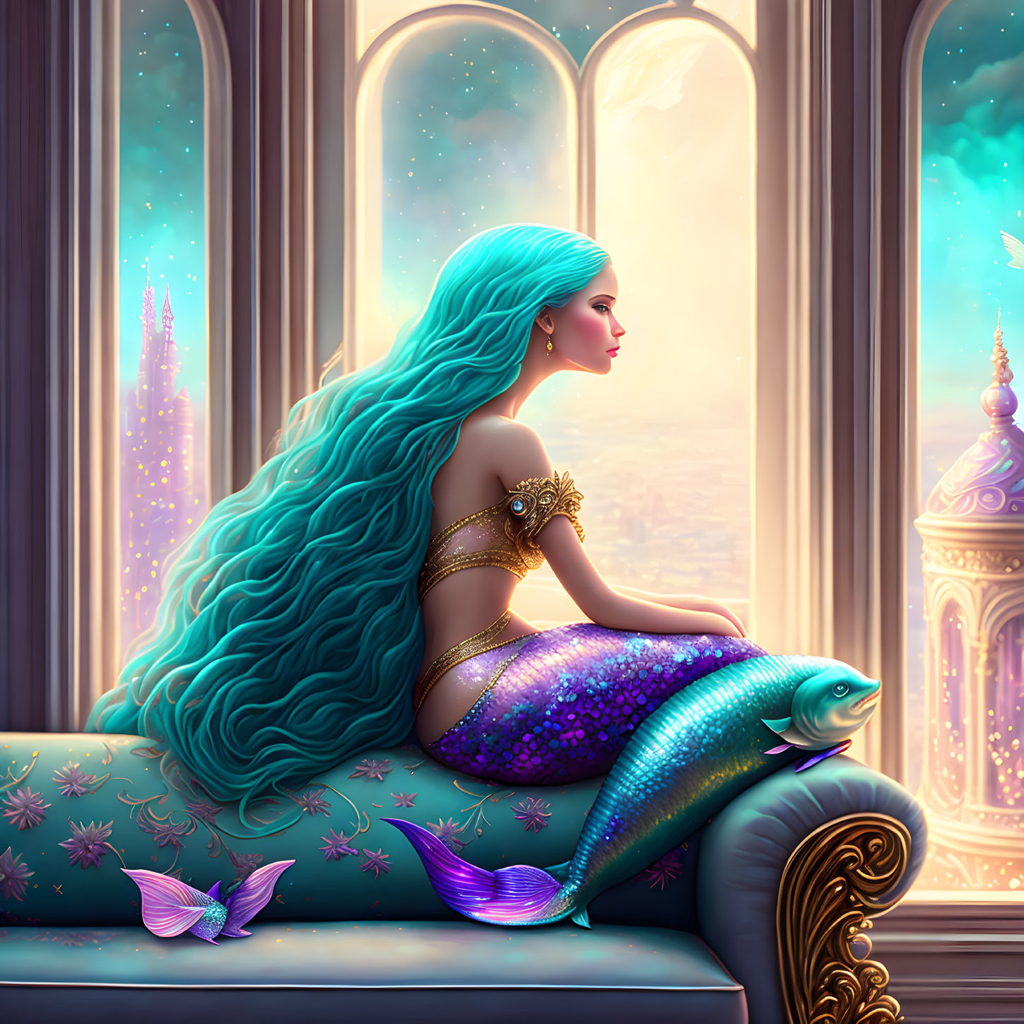 Mermaid with Blue Hair by Window in Magical Cityscape