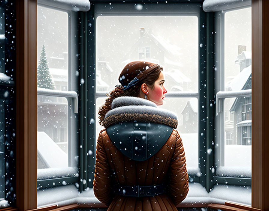 Woman in warm jacket by open window overlooking snowy scene