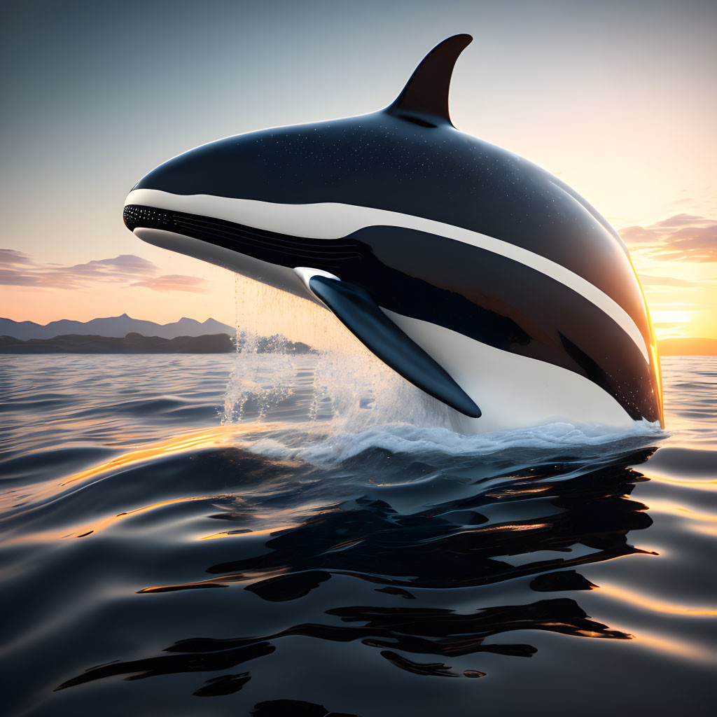 Orca breaching ocean at sunset with mountains.