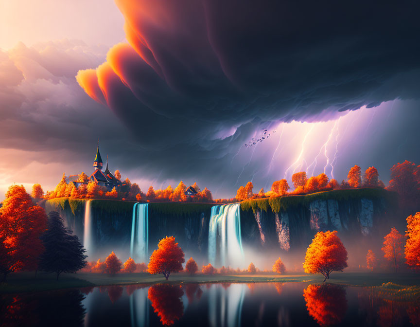 Fantastical landscape with castle, waterfalls, autumn trees, and stormy sky.