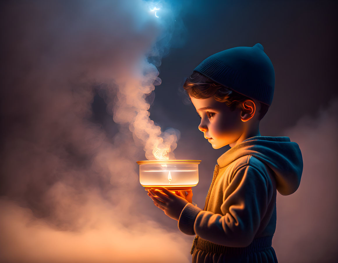 Child in beanie with steaming bowl under moonlit mist.