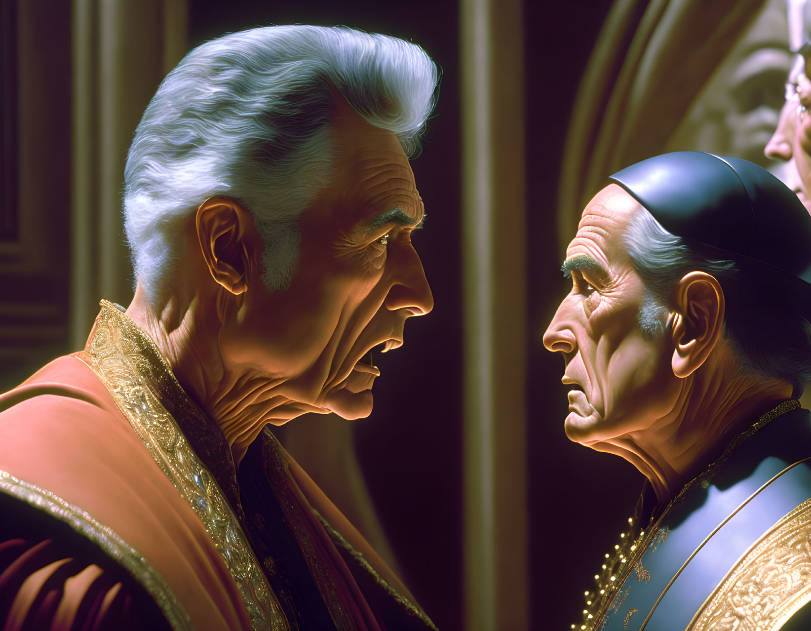 Elderly animated male characters in elaborate robes in serious conversation