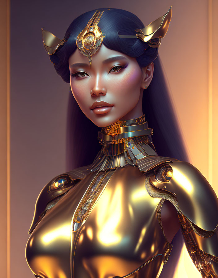 Futuristic digital art portrait of a woman in golden armor and headgear