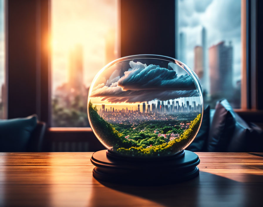 Glass sphere with vibrant landscape on wooden surface, cityscape sunset through window