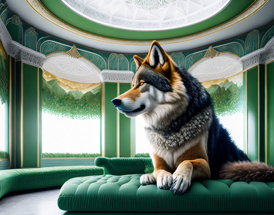 Majestic Husky-Like Dog on Luxurious Green Couch in Ornate Room