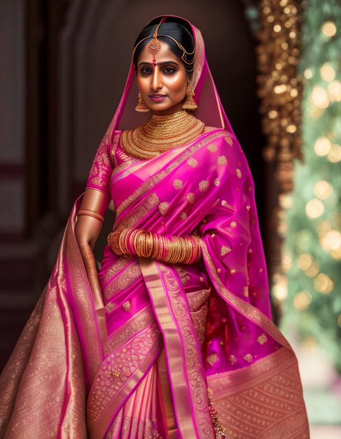 Traditional Indian Bridal Attire with Pink Saree and Gold Jewelry