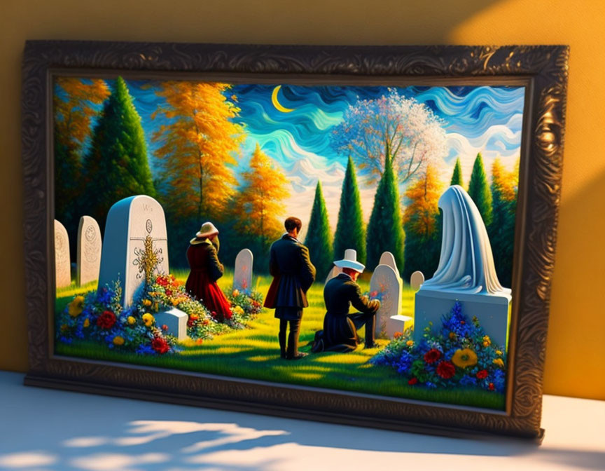 Colorful 3D Cemetery Scene with Visitors and Decorative Frame