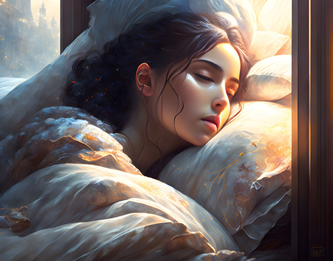 Tranquil woman sleeping on white pillows in warm sunlight