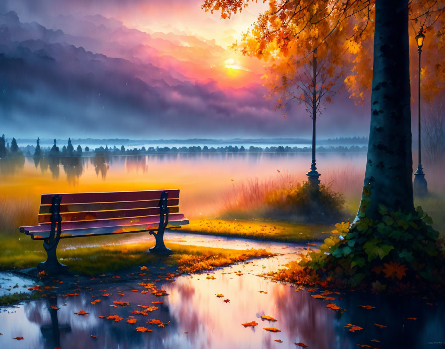 Tranquil autumn park bench by misty lake at sunset